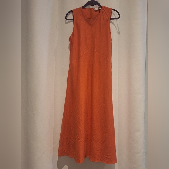 Zara Dresses & Skirts - Zara Orange Midi Dress Linen Blend Size M